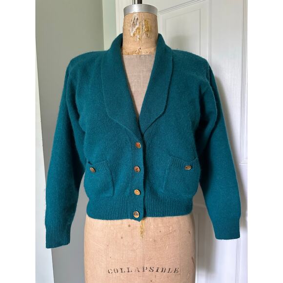 Vintage Lauren Cole Teal Wool angora Cardigan jacket knit blazer gold buttons P - Picture 3 of 15